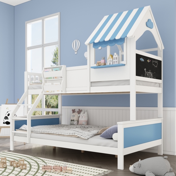 Etagenbett für Kinder, Massivholz-Gestell, mit Leiter, Fensterdesign, Stauraumboxen und Kreidetafel,Weiß&blau Bild 4