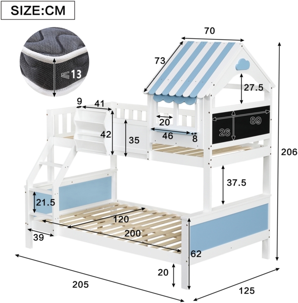 Etagenbett für Kinder, Massivholz-Gestell, mit Leiter, Fensterdesign, Stauraumboxen und Kreidetafel,Weiß&blau Bild 8