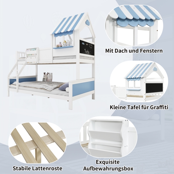 Etagenbett für Kinder, Massivholz-Gestell, mit Leiter, Fensterdesign, Stauraumboxen und Kreidetafel,Weiß&blau Bild 7