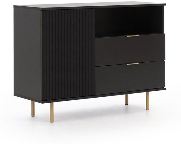 Lomadox Wohnzimmer-Set NADOR-132, (Mega-Spar-Set, 4-St, Couchtisch Highboard Lowboard Kommode), matt schwarz, goldfarbenen Metallgriffen und -füßen, Front Rillenoptik