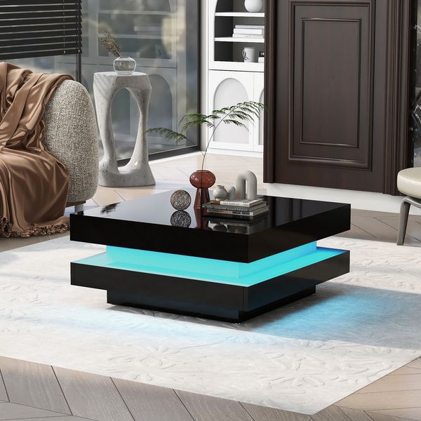 Couchtisch, quadratisch, mit App-LED-Licht & futuristischem Design, 70x70x36 cm, Schwarz