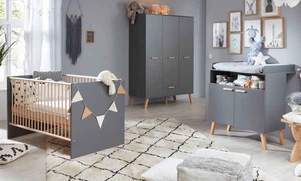 Trendteam 'Mats' 3-tlg. Babyzimmer-Set, grau, aus Bett 70x140, 3-trg. Kleiderschrank und Wickelkommode