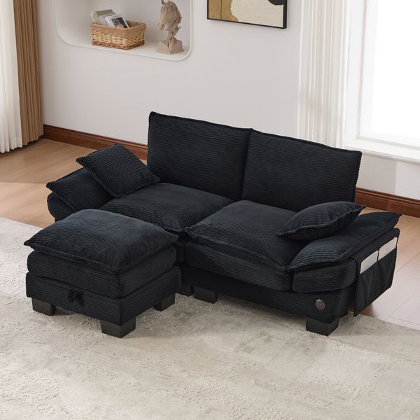 2-Sitzer Sofa aus Cord 190x132x84 cm mit Hocker & USB-C, schwarz