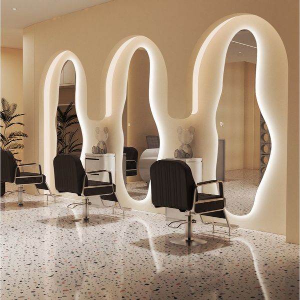 WDWRITTI Spiegel Friseurspiegel groß für Friseurladen Friseurspiegel Hotel Wohnzimmer (Wandspiegel mit LED Beleuchtung asymmetrisch, 1-St, 165x60cm), 3Lichtfarben, Dimmbar, Speicherfunktion