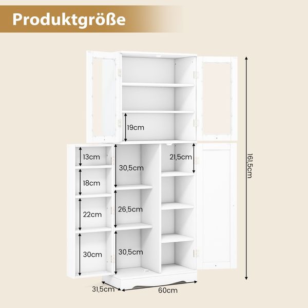Küchenschrank aus Holz mit 2 Türen gehärtetem Glas & Regalen Hochschrank Weiß