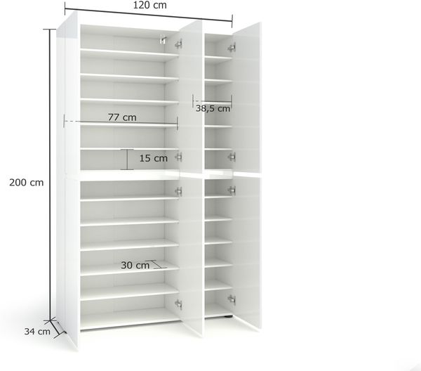 Schuhschrank >Glossy< in Weiß Hochglanz - 120x200x34cm (BxHxT) Bild 4