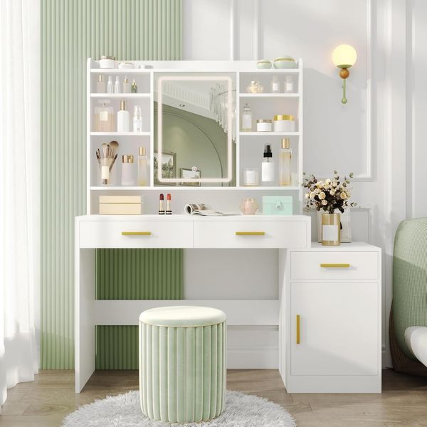 Schminktisch, Große Tischplatte mit Spiegel, 3 Schubladen und 1 Schrank, Offene Mehrstufige Regale, für Schlafzimmer, Garderobe, 40 x 130 x 149 cm, Weiß