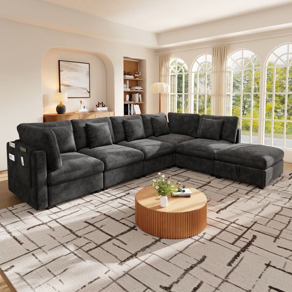 Merax XXL L‑förmiges Ecksofa, 6‑Sitzer Modulsofa mit Schlaffunktion, beweglichem Fußhocker mit Stauraum und Armlehnen‑Seitentaschen; inkl. 5 Dekokissen; Chenille‑ und Waffelstruktur‑Stoff, Grau