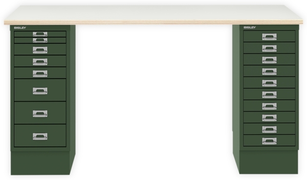 MultiDesk, 1 MultiDrawer mit 10 Schüben, 1 MultiDrawer mit 8 Schüben, Dekor Plywood, Farbe Olivgrün, Maße: H 740 x B 1400 x T 600 mm