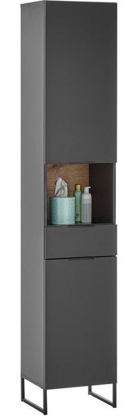 Stella Trading DENVER Badezimmer Hochschrank in Schwarz/Evoke Eiche Optik FSC-zertifiziert - Badezimmerschrank Bad Schrank mit viel Stauraum - 38 x 195 x 32 cm (B/H/T)