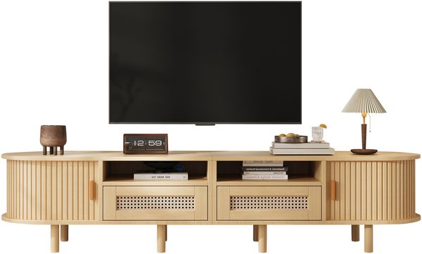 Merax 170cm TV-Schrank, Ovaler TV-Ständer und Fernsehtisch, mit 2 Rattan Design Schubladen, 2 Schiebetür, Lowboard und Fernsehtisch bis zu 70 Zoll, TV-Board und TV-Kommode, Holzfarbe Bild 10