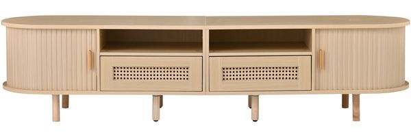 Merax 170cm TV-Schrank, Ovaler TV-Ständer und Fernsehtisch, mit 2 Rattan Design Schubladen, 2 Schiebetür, Lowboard und Fernsehtisch bis zu 70 Zoll, TV-Board und TV-Kommode, Holzfarbe Bild 8