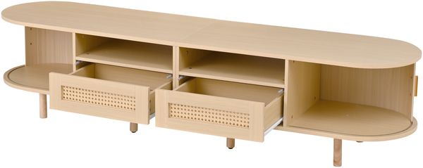 Merax 170cm TV-Schrank, Ovaler TV-Ständer und Fernsehtisch, mit 2 Rattan Design Schubladen, 2 Schiebetür, Lowboard und Fernsehtisch bis zu 70 Zoll, TV-Board und TV-Kommode, Holzfarbe Bild 9