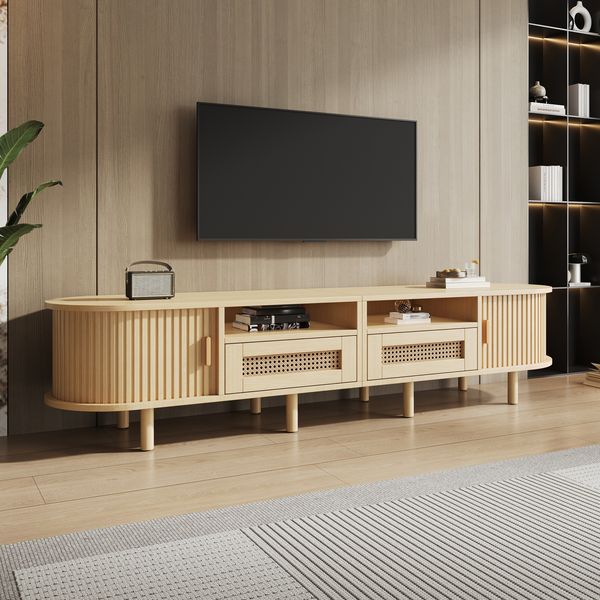 Merax 170cm TV-Schrank, Ovaler TV-Ständer und Fernsehtisch, mit 2 Rattan Design Schubladen, 2 Schiebetür, Lowboard und Fernsehtisch bis zu 70 Zoll, TV-Board und TV-Kommode, Holzfarbe