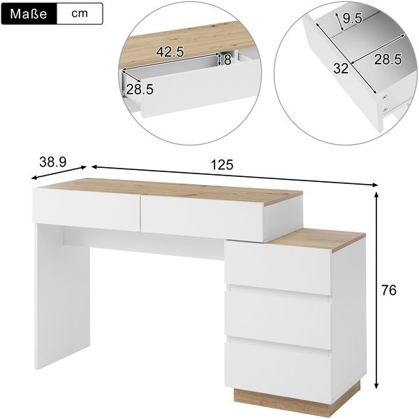 Merax Schminktisch(Ohne Spiegel), Schreibtisch mit 5 Schubladen, Frisiertisch, Funktion von Aufbewahrung, für Schlafzimmer, weiß+oak Bild 4