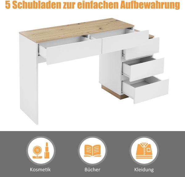 Merax Schminktisch(Ohne Spiegel), Schreibtisch mit 5 Schubladen, Frisiertisch, Funktion von Aufbewahrung, für Schlafzimmer, weiß+oak Bild 5