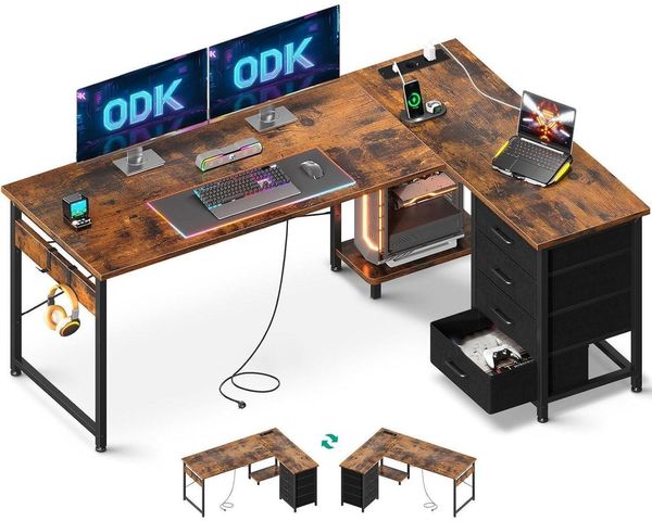 ODK Eckschreibtisch L Form Vintage-Braun 155x110 cm, Schubladen, Steckdosen, USB