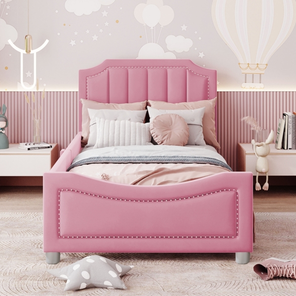 Kinder Polsterbett mit Bogendesign, Flanellbezug, dekorativen Nieten, weichem Rahmen, vielseitig nutzbar als Schlafsofa Bild 2