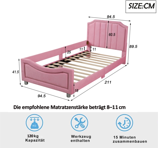Kinder Polsterbett mit Bogendesign, Flanellbezug, dekorativen Nieten, weichem Rahmen, vielseitig nutzbar als Schlafsofa Bild 5
