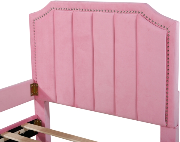 Kinder Polsterbett mit Bogendesign, Flanellbezug, dekorativen Nieten, weichem Rahmen, vielseitig nutzbar als Schlafsofa Bild 9