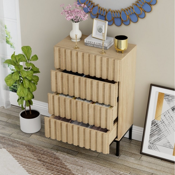 UEV Kommode mit 4 Schublanden, Sideboard, Schubladenschrank, Schmal kommode (Aufbewahrungskommode, Mehrzweckschrank aus Holz), 60 x 34,5 x 92cm, Schrank für Wohnzimmer,Schlafzimmer,Flur(Natur) Bild 3