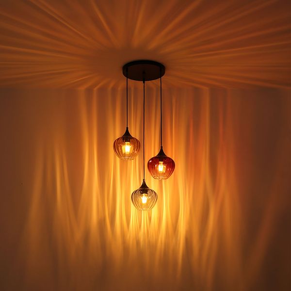 LED Pendelleuchte, Metall, Glas Amber Rot Blau, H 150 cm