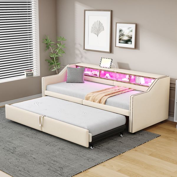 Ausziehbett 90/180×200 cm mit LED, USB und Lattenrost, beige, ohne Matratze