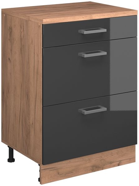 Erweiterungskommode Rion Anthrazit Hochglanz/Goldkraft Eiche 60 x 46 cm ohne Schräge mit 3 Schubladen Vicco