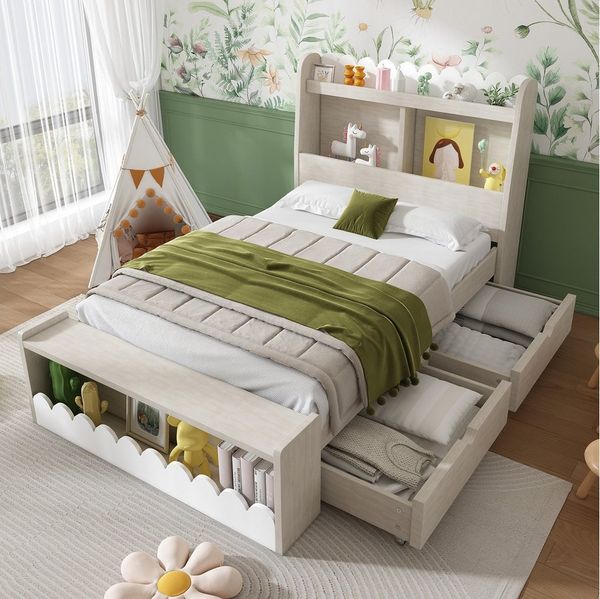 Flieks Kinderbett, Massivholz Einzelbett Stauraumbett 90x200cm mit 2 Schubladen und Bank