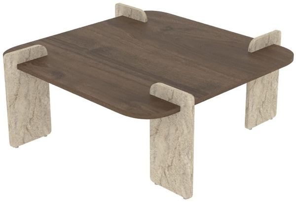 Modern Coffee Table, Walnut & Travertine, 90 x 35 x 90 cm | 100% Melamine Coated Chipboard, 35 kg Capacity | Stylish & Functional for Any Living Space
