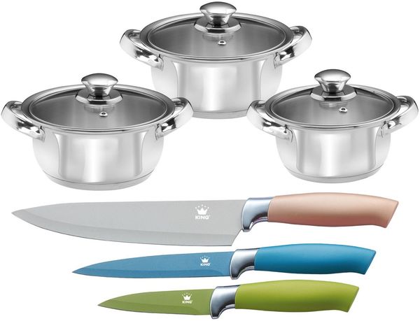 KING Topf-Set EDELSTAHL, Edelstahl (Set, 9-tlg, 3 Töpfe Ø 16/18/20 cm inkl. Glasdeckel, 3 Messer), Induktion