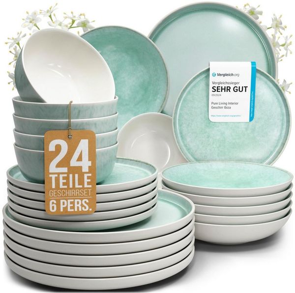 PURE LIVING INTERIOR DESIGN Geschirr-Set Steingut Geschirrset 6 Personen Ibiza 24 tlg. TESTSIEGER, Traumhaftes (24-tlg), 6 Personen, Steingut, Mediterrane Handwerksoptik, Reaktive Glasur – jedes Stück einzigartig…