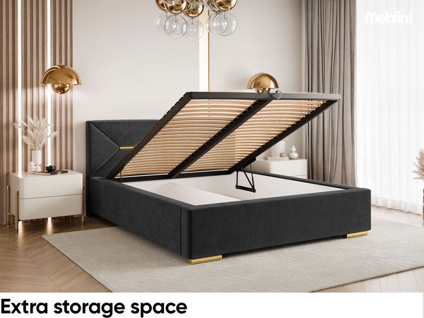 MEBLINI Polsterbett 160x200 mit Lattenrost mit Matratze – LIZZY – Schwarz Samt – Doppelbett mit Bettkasten - Stauraumbett - Kopfteil Bett mit Stauraum Bild 6