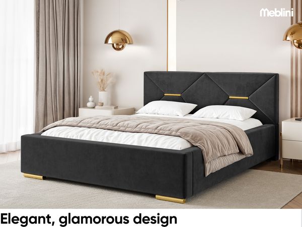 MEBLINI Polsterbett 160x200 mit Lattenrost mit Matratze – LIZZY – Schwarz Samt – Doppelbett mit Bettkasten - Stauraumbett - Kopfteil Bett mit Stauraum Bild 3