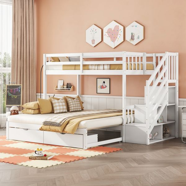 Etagenbett aus Kiefernholz mit Ausziehbett & 2 Schubladen, 90x200 cm, Weiß, ohne Matratze