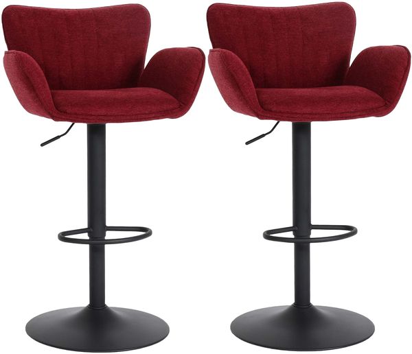 2er-Set Barhocker HWC-M67, Barstuhl, mit Armlehne Fußablage drehbar Stoff/Textil Eisen FSC® ~ bordeaux Fuß schwarz