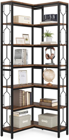 LITTLE TREE Bücherregal, 7-stöckiges Bücher Regal, Bücherregal Holz Hoch, Book Case für Bücher, Garagen-Kit, CDs, Filme, industrielle Eckaufbewahrung, Organizer für Schlafzimmer, Zuhause, Büro Braun