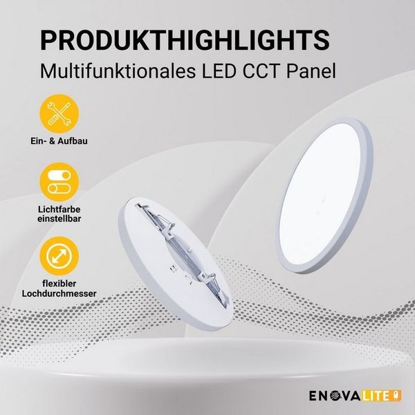 ENOVALITE LED Einbauleuchte LED CCT Panel, Ein-/Aufbau, 24W, 2565 lm, ø300x17 mm, LED fest integriert, warmweiß, CCT, neutralweiß, kaltweiß, Lochdurchm. variabel, Lichtfarbe einstellbar
