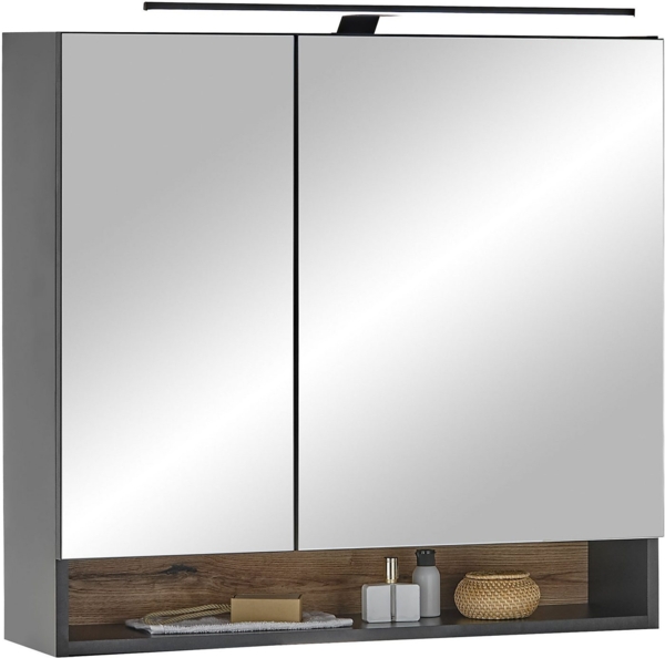 Denver Spiegelschrank Bad mit LED-Beleuchtung in Schwarz/Evoke Eiche Optik FSC-Zertifiziert - Badezimmerspiegel Schrank mit viel Stauraum - 80 x 75 x 22 cm (B/H/T)