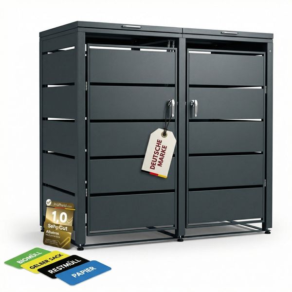 Albatros Mülltonnenbox 2er Tonne | bis 240 Liter | Anthrazitgrau RAL 7016 | verzinkter Stahl | Premium Dämpfer| Aufkleber-Set | wetterfest| verstellbare Füße| Türgriff mit Schloss | Gartenbox | entwickelt in Deutschland