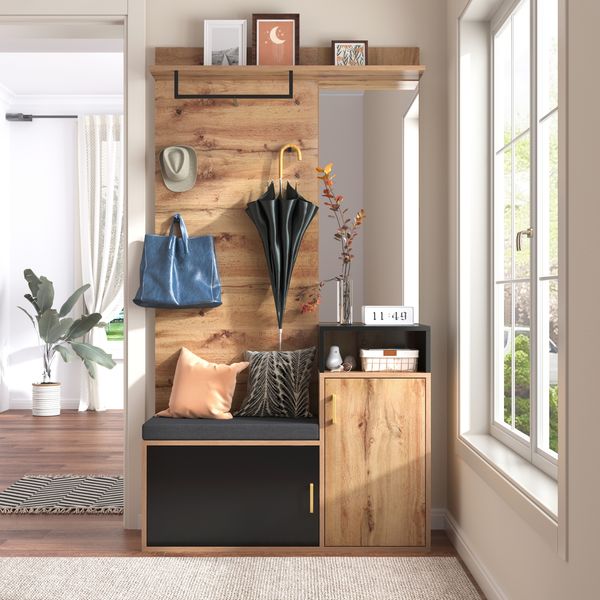 Garderoben-Set 105 x 40 x 191,5 cm, 2-teilig mit Spiegel, Schuhschrank, Sitzbank und Garderobe in Schwarz-Holzoptik