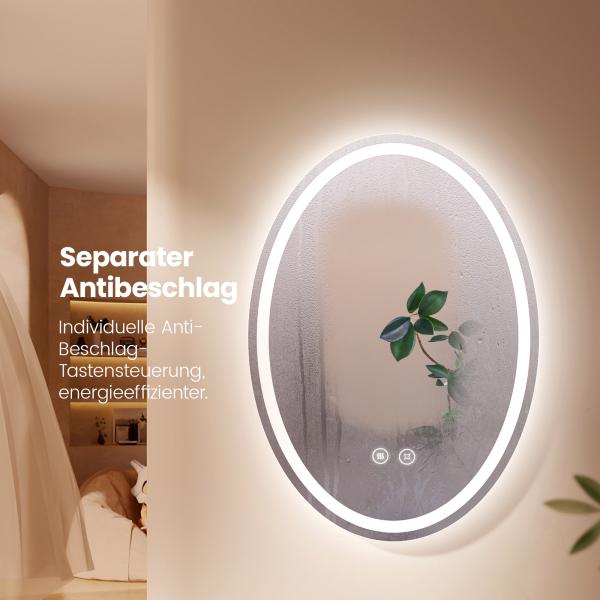 EMKE Badspiegel Mit Beleuchtung Elliptisch Wandspiegel Touch Beschlagfrei 3 Lichtfarbe Dimmbar Oval Badezimmerspiegel 50×70cm Bild 3
