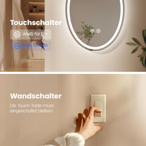 EMKE Badspiegel Mit Beleuchtung Elliptisch Wandspiegel Touch Beschlagfrei 3 Lichtfarbe Dimmbar Oval Badezimmerspiegel 50×70cm Bild 2
