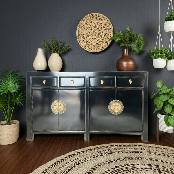 Chinesisches Sideboard schwarz vintage schlicht Schrank Kommode Kolonial-Stil Antik-Stil Lowboard asiatisch orientalisch Fernost shabby-chic Landhaus