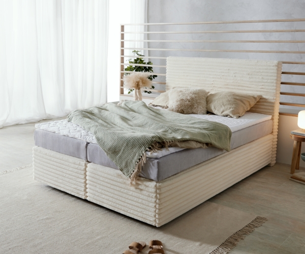 Boxspringbett Dream-Well Plüsch-Cord Beige 140x200 cm TFK-Matratze Visco-Topper