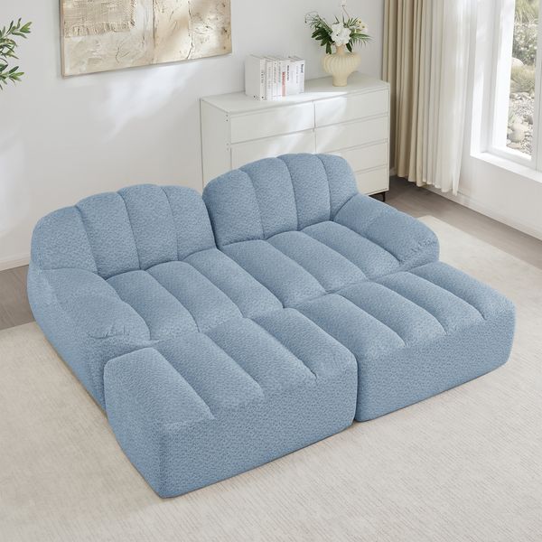 2-Sitzer Sofa 210×165×79 cm aus Granuliertes Fleece rahmenlos modular mit 2 Ottomanen, blau