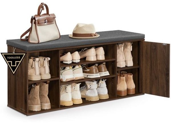 SONGMICS HOME Schuhbank, Toolless-Technologie, superschnelle werkzeuglose Montage, Sitzbank mit Stauraum, offene Fächer, verstellbar, Schuhschrank, naturwalnussfarben-schiefergrau