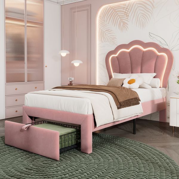 Kindereinzelbett 90×190 cm aus Samt-Stoff mit LED-Beleuchtung und einer Schublade, rosa