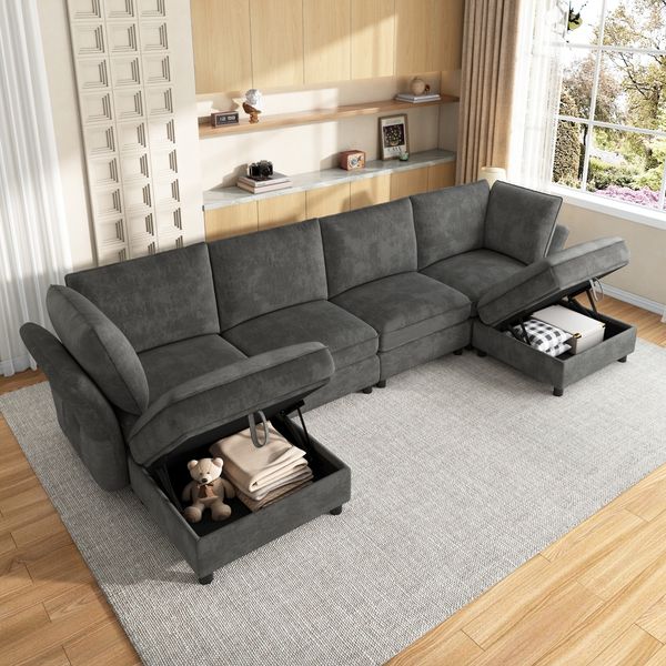 Merax Modulares U-/L‑förmiges Ecksofa, frei kombinierbares 6‑Sitzer Sofa mit Stauraum-Hocker, Cloud-Design, Chenille-Stoff, geeignet für Wohnzimmer, Wohnung und Schlafzimmer, grau