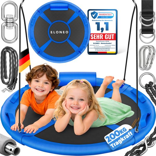 ELONEO Nestschaukel Outdoor & Indoor mit 90 oder 120 cm Durchmesser, Tellerschaukel, höhenverstellbare Hängeschaukel inkl. Kissen, Griffen und Zubehör-Set, Blau - 90cm